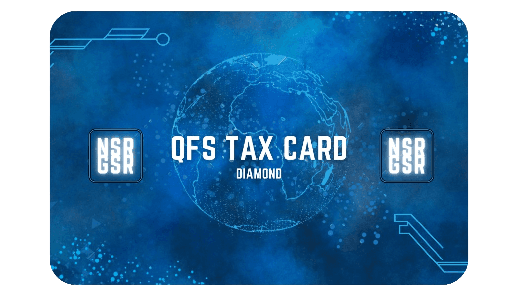 Blue card labeled QFS Tax Card Diamond with a world map and futuristic design elements.