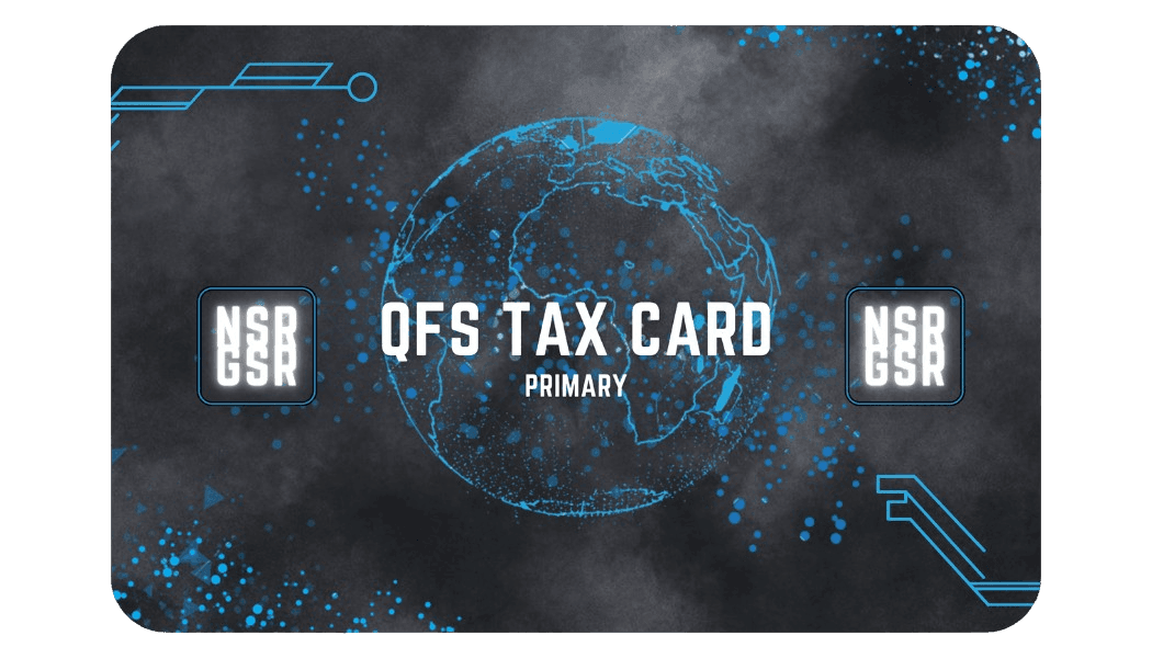 Digital card design featuring a globe with text 'QFS Tax Card Primary' and futuristic elements.